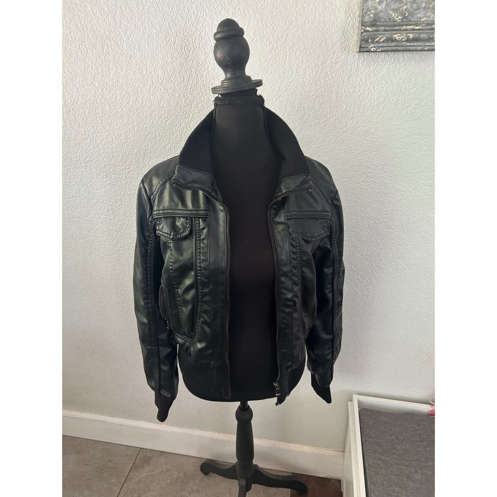 Black Faux Leather Bomber Jacket Leopard Print Lining Ribbed Trim W Small y2k